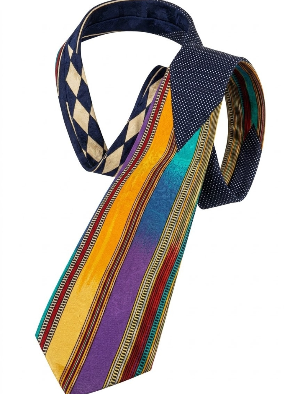 Versace Multicolor Silk Stripe & Dot Tie - Yellow, Purple, Teal, Navy (1113)Vtg.